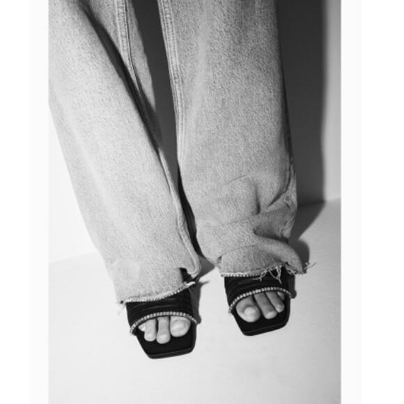 New Zara Crystal Trim Open Square Toe Black Satin Mule Slide Sandals Size 6.5 - Picture 3 of 15